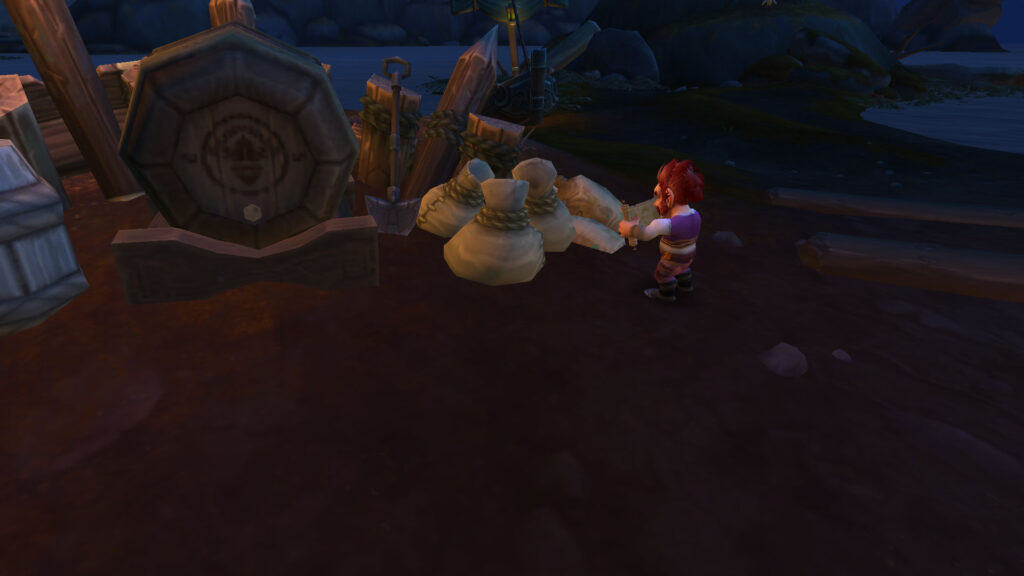 WoW Gnome reads a scroll near a pile of bags